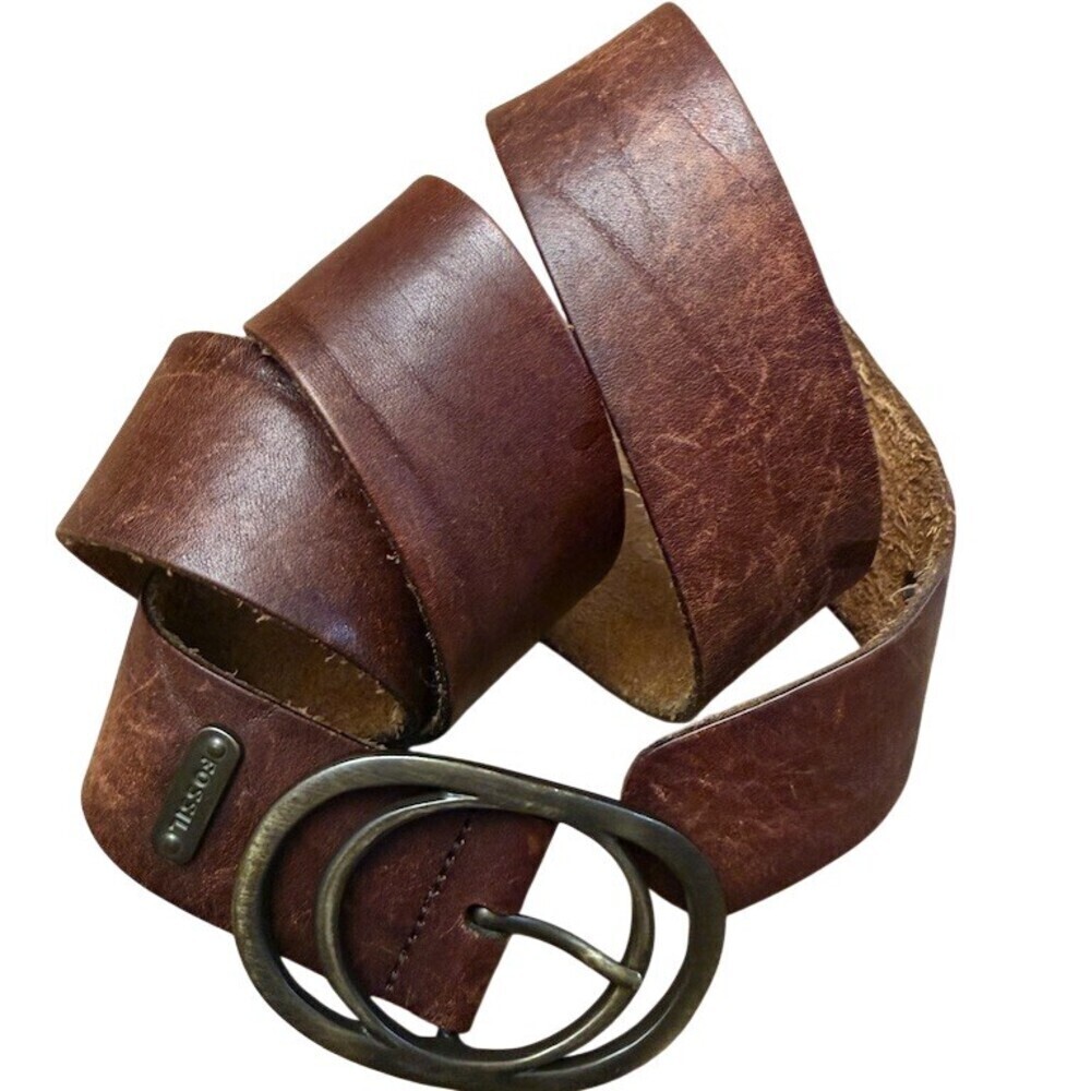 Fossil Belt Large Brown Genuine Leather Double Ring Buckle